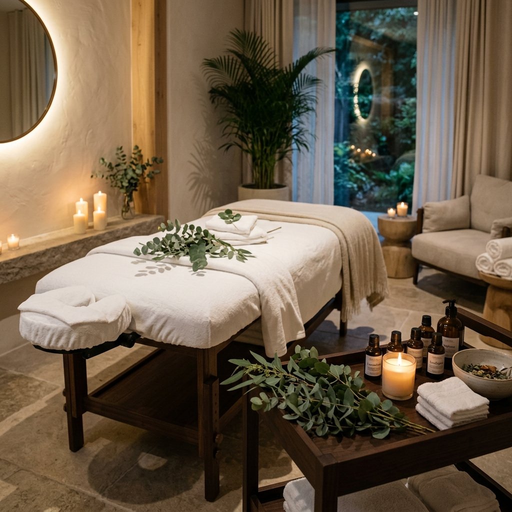 Luxurious mobile spa massage experience with candles, oil and massage table